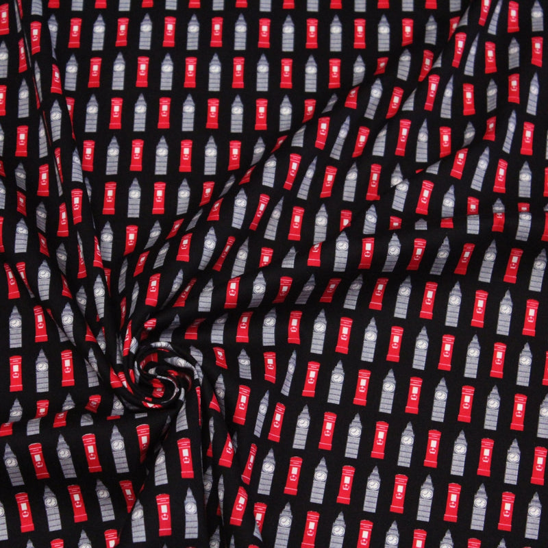 Tissu popeline de coton LONDON aux boîtes aux lettres mailbox rouges & Big Ben, fond noir - TissusPapi.com