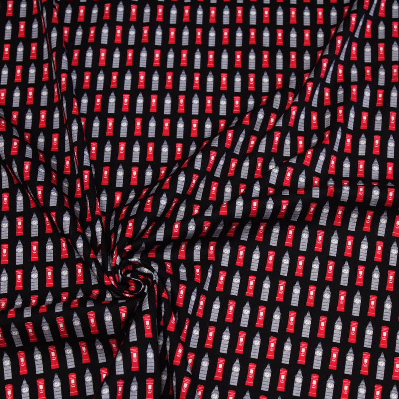Tissu popeline de coton LONDON aux boîtes aux lettres mailbox rouges & Big Ben, fond noir - TissusPapi.com