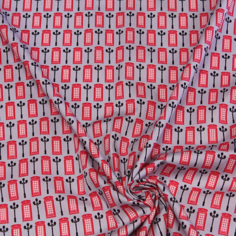 Tissu popeline coton LONDON, cabines téléphoniques rouges & réverbères britanniques - TissusPapi.com