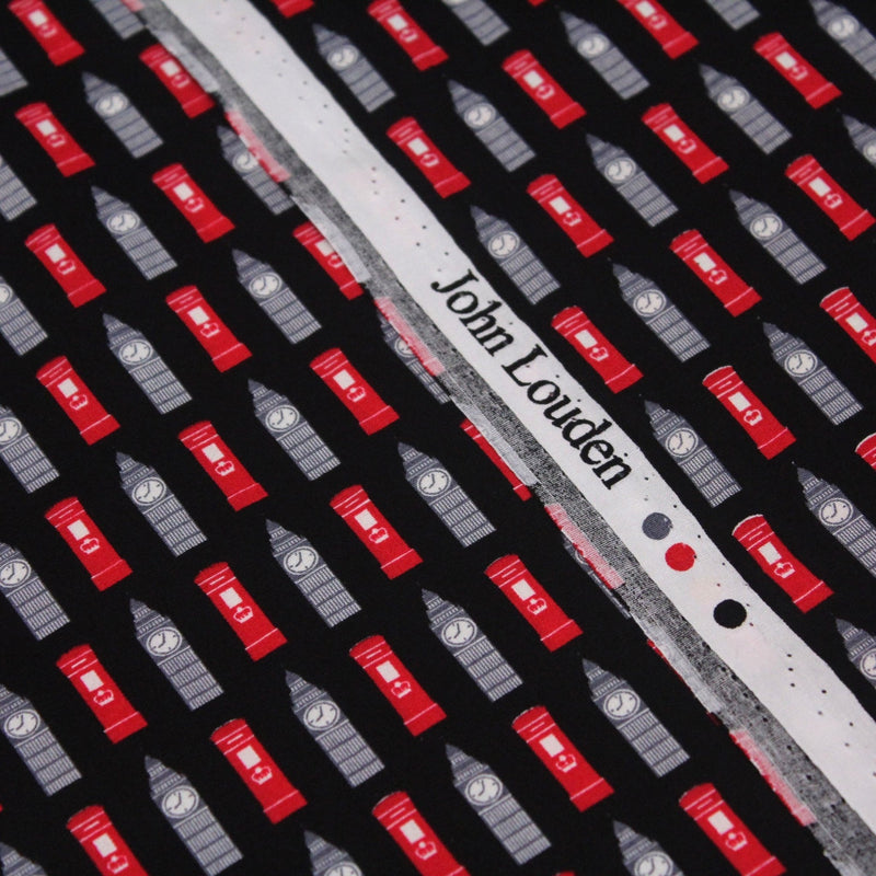 Tissu popeline de coton LONDON aux boîtes aux lettres mailbox rouges & Big Ben, fond noir - TissusPapi.com