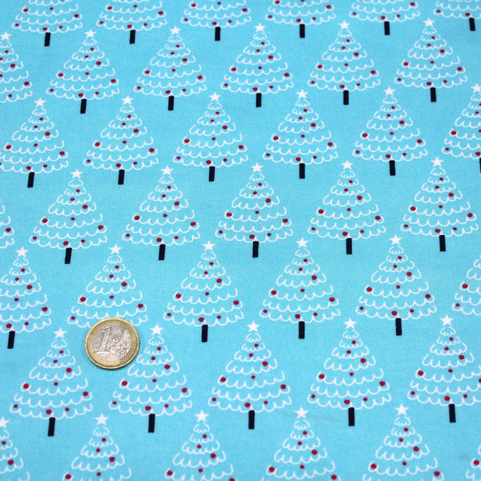 Tissu popeline de coton de Noël aux sapins blancs & rouges, fond bleu - Oeko-Tex