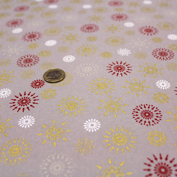 Tissu de Noël, coton, gris aux étoiles & flocons blancs, rouges et dorés