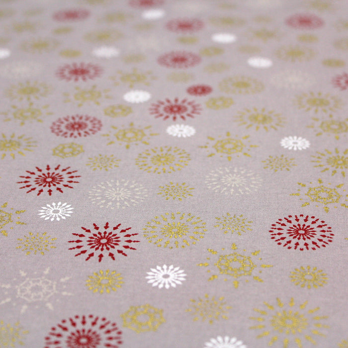 Tissu de Noël, coton, gris aux étoiles & flocons blancs, rouges et dorés