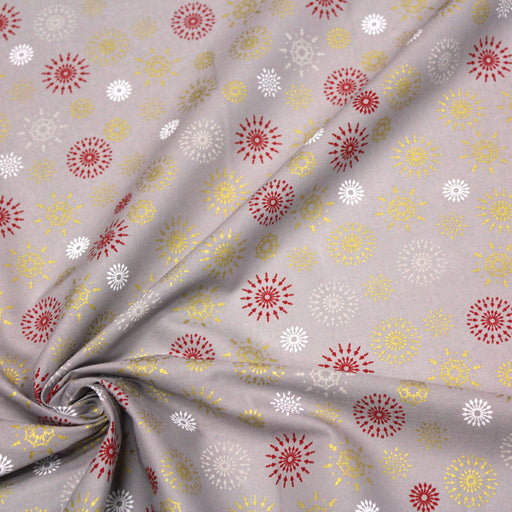 Tissu de Noël, coton, gris aux étoiles & flocons blancs, rouges et dorés