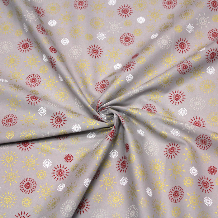 Tissu de Noël, coton, gris aux étoiles & flocons blancs, rouges et dorés