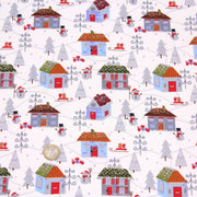 Tissu popeline de coton de Noël aux petites maisons & bonshommes de neige, fond blanc - TissusPapi.com