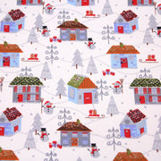 Tissu popeline de coton de Noël aux petites maisons & bonshommes de neige, fond blanc - TissusPapi.com