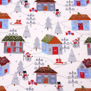 Tissu popeline de coton de Noël aux petites maisons & bonshommes de neige, fond blanc - TissusPapi.com