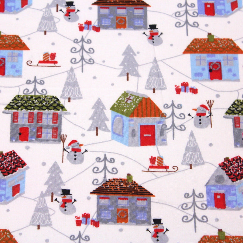Tissu popeline de coton de Noël aux petites maisons & bonshommes de neige, fond blanc - TissusPapi.com