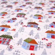 Tissu popeline de coton de Noël aux petites maisons & bonshommes de neige, fond blanc - TissusPapi.com