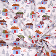 Tissu popeline de coton de Noël aux petites maisons & bonshommes de neige, fond blanc - TissusPapi.com
