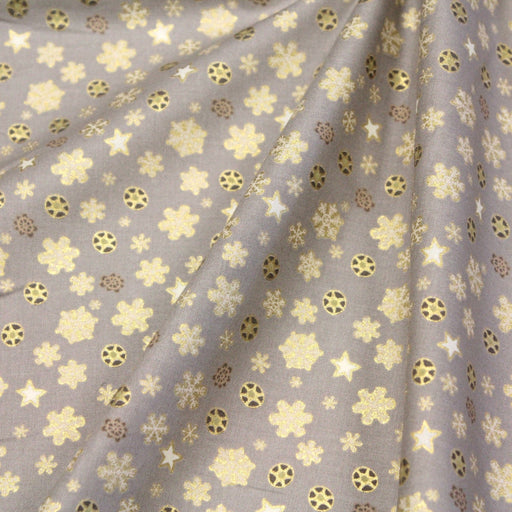 Tissu de Noël, coton, gris aux étoiles blanches et dorées - TissusPapi.com
