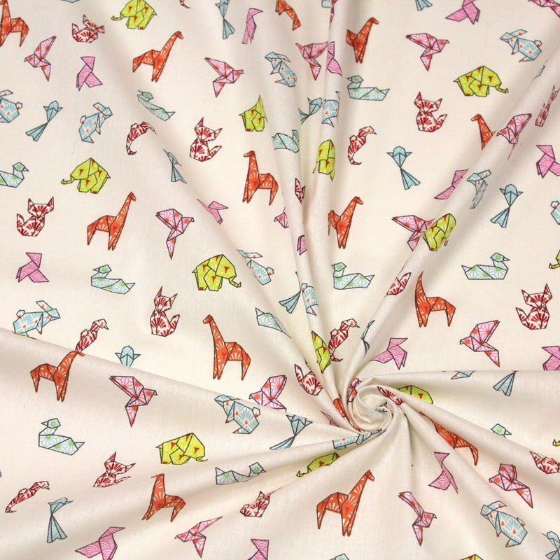 Tissu cotonnade motif japonais ORIGAMI de papier multicolore, fond écru - OEKO - TEX - TissusPapi.com