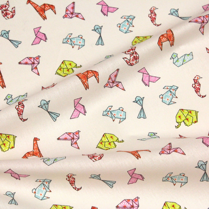 Tissu cotonnade motif japonais ORIGAMI de papier multicolore, fond écru - OEKO - TEX - TissusPapi.com
