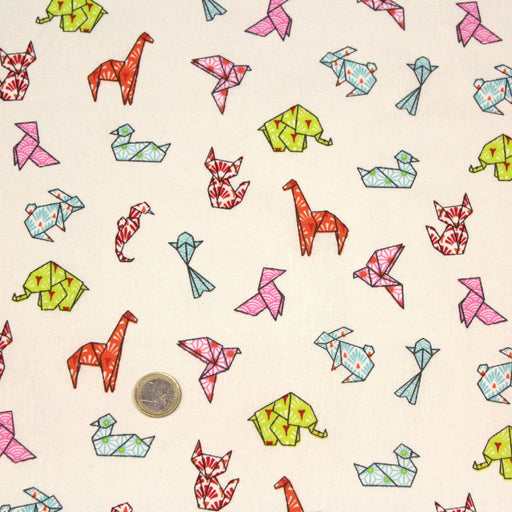Tissu de coton motif japonais ORIGAMI de papier multicolore, fond écru - Oeko-Tex