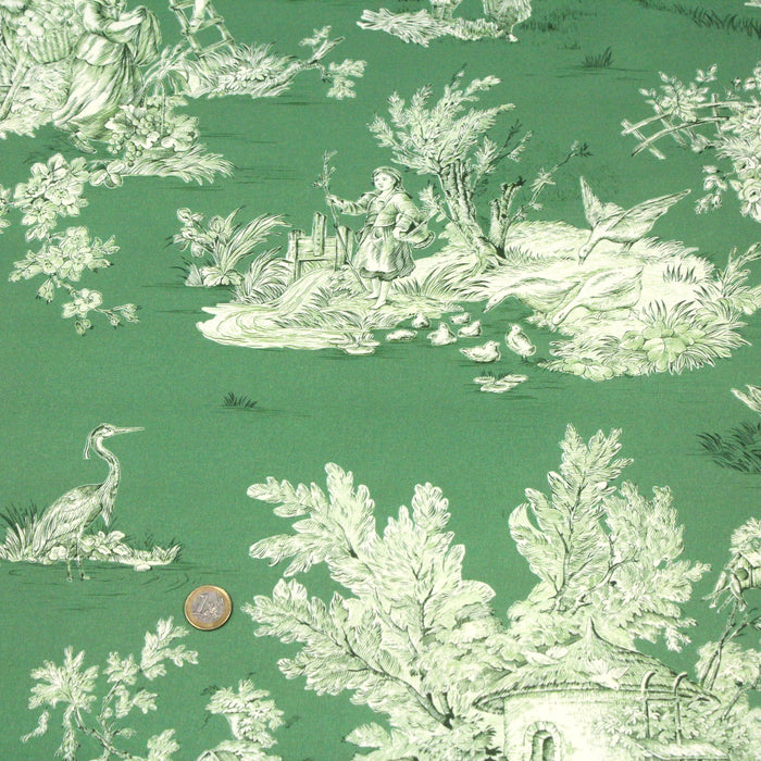 Tissu de coton demi-natté toile de Jouy traditionnelle, grande largeur 280cm, fond vert & motif vert - Oeko-Tex - tissuspapi
