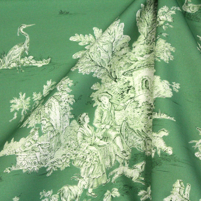 Tissu de coton demi-natté toile de Jouy traditionnelle, grande largeur 280cm, fond vert & motif vert - Oeko-Tex
