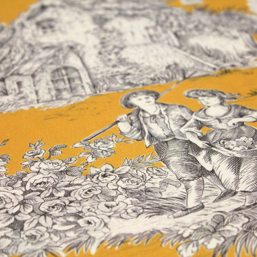 Tissu de coton demi-natté toile de Jouy traditionnelle, grande largeur 280cm, fond jaune & motif gris - Oeko-Tex