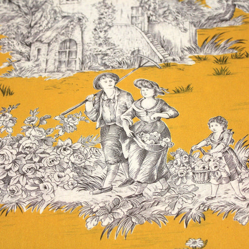 Tissu de coton demi-natté toile de Jouy traditionnelle, grande largeur 280cm, fond jaune & motif gris - Oeko-Tex - tissuspapi