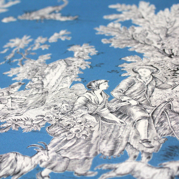 Tissu de coton demi-natté toile de Jouy traditionnelle, grande largeur 280cm, fond bleu & motif gris moyen - Oeko-Tex