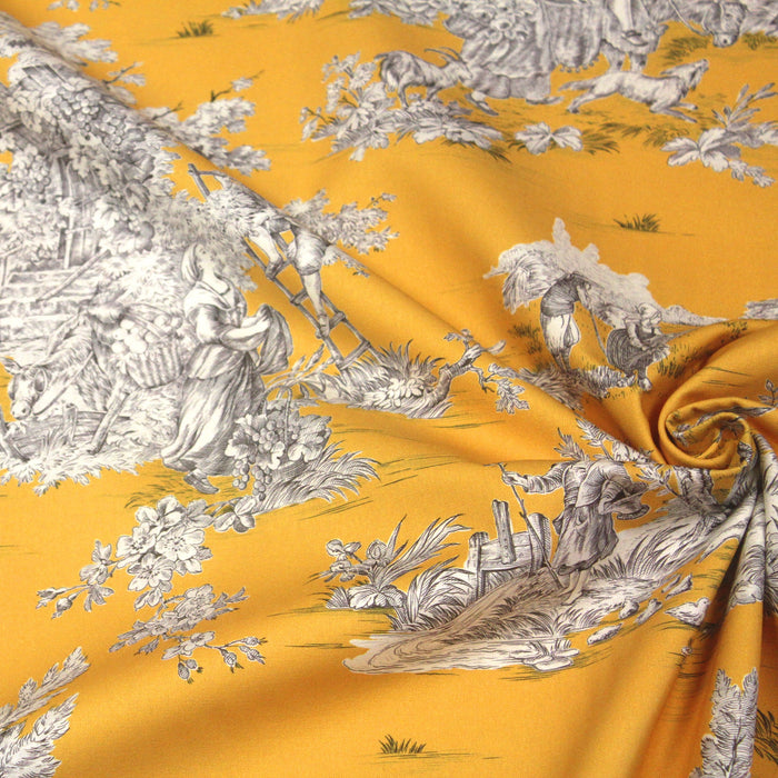 Tissu de coton demi-natté toile de Jouy traditionnelle, grande largeur 280cm, fond jaune & motif gris - Oeko-Tex
