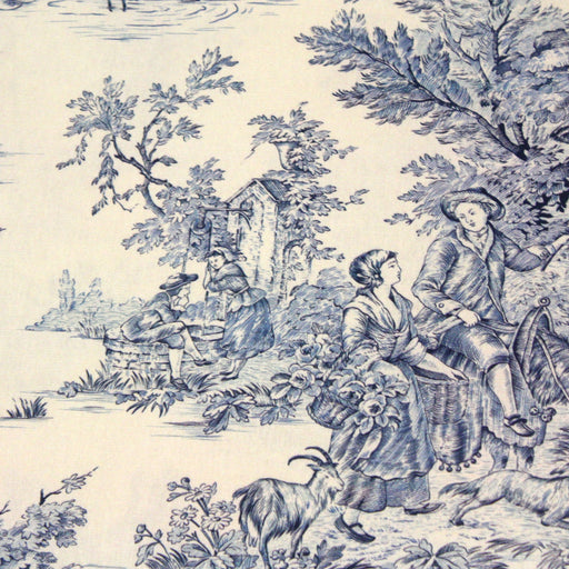 Tissu de coton demi-natté toile de Jouy traditionnelle, grande largeur 280cm, fond écru & motif bleu - Oeko-Tex - tissuspapi
