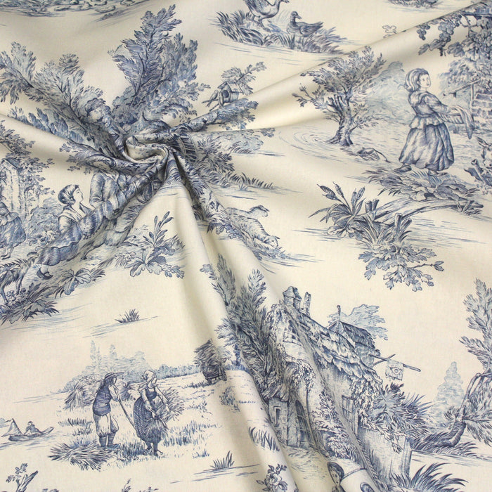Tissu de coton demi-natté toile de Jouy traditionnelle, grande largeur 280cm, fond écru & motif bleu - Oeko-Tex