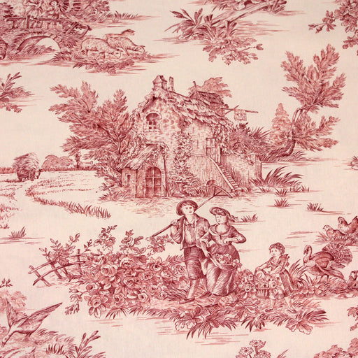 Tissu de coton demi-natté toile de Jouy traditionnelle, grande largeur 280cm, fond écru & motif rose indien - Oeko-Tex - tissuspapi