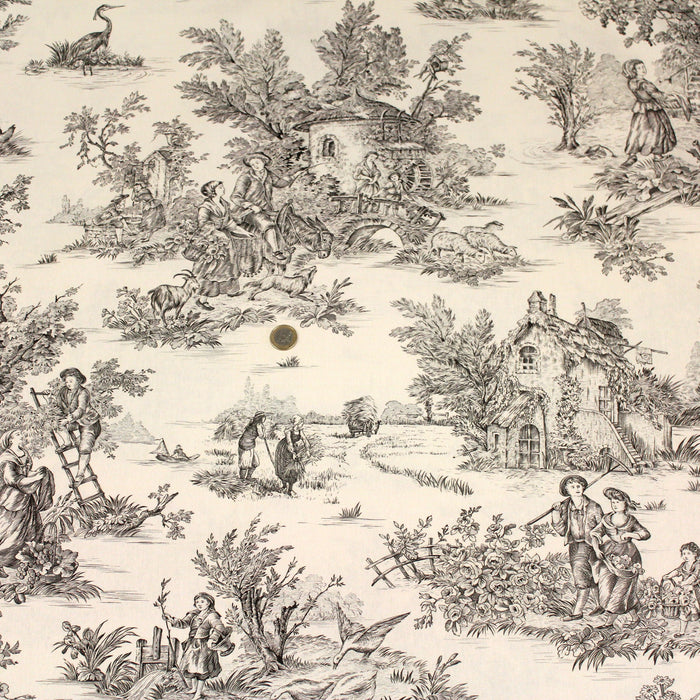 Tissu de coton demi-natté toile de Jouy traditionnelle, grande largeur 280cm, fond écru & motif noir - Oeko-Tex