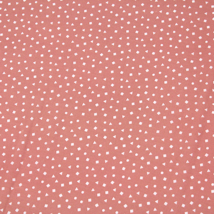 Tissu de coton aux petites formes géométriques carrés, ronds & triangles blancs, fond corail - OEKO-TEX®
