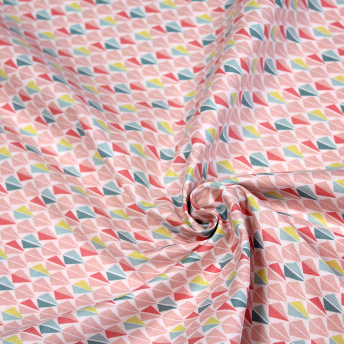 Tissu de coton ART DÉCO aux petits motifs géométriques roses, jaunes & verts, fond blanc - OEKO-TEX®