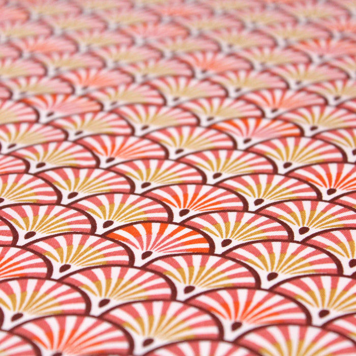 Tissu de coton motif ART DÉCO aux éventails corail, jaune & orange, fond blanc - OEKO-TEX®