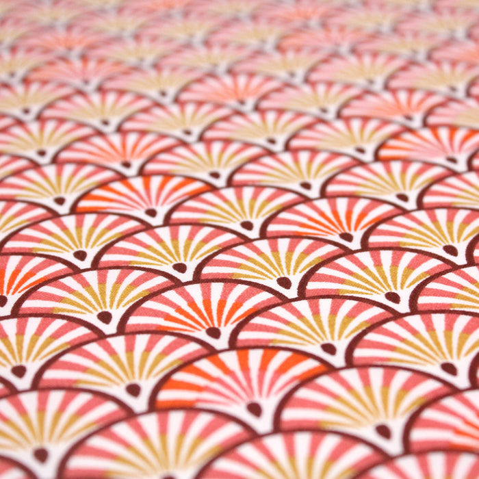Tissu de coton motif ART DÉCO aux éventails corail, jaune & orange, fond blanc - OEKO-TEX®