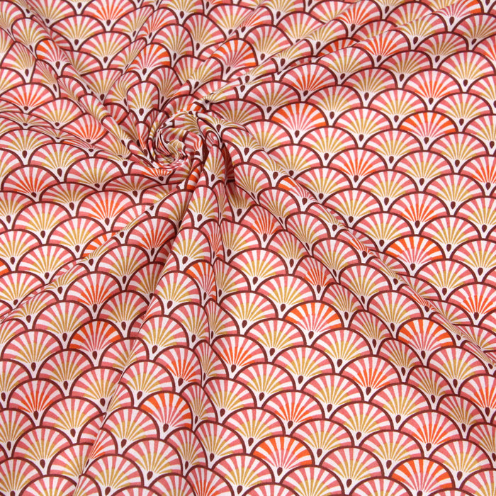 Tissu de coton motif ART DÉCO aux éventails corail, jaune & orange, fond blanc - OEKO-TEX®