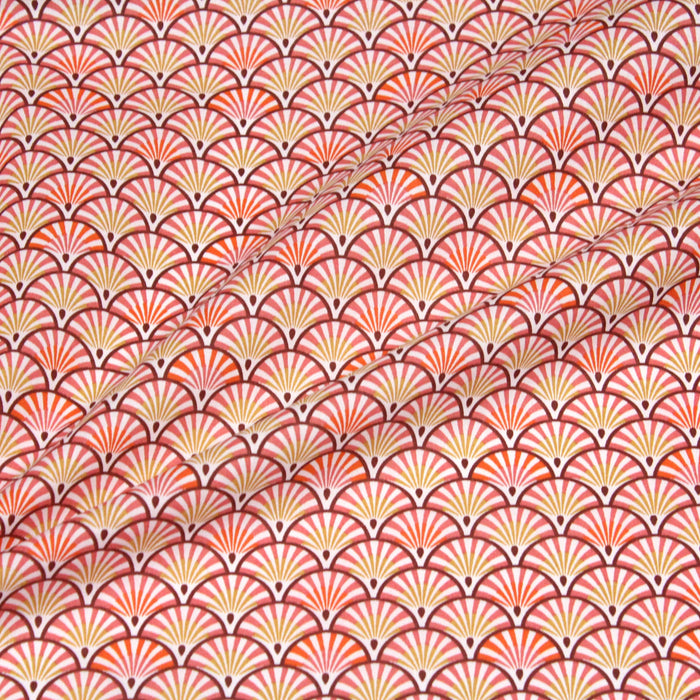Tissu de coton motif ART DÉCO aux éventails corail, jaune & orange, fond blanc - OEKO-TEX®