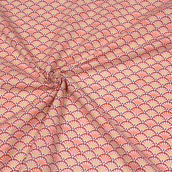 Tissu de coton motif ART DÉCO aux éventails corail, jaune & orange, fond blanc - OEKO-TEX®