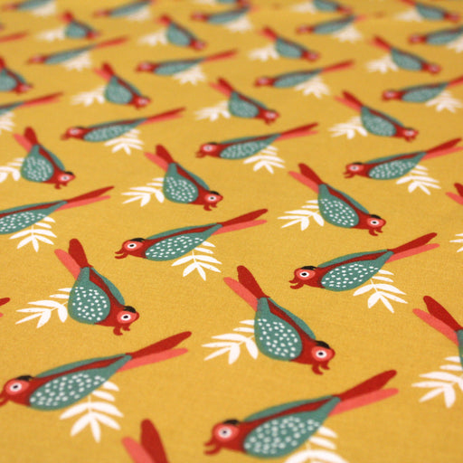 Tissu de coton jaune aux oiseaux verts et rouges - OekoTex - tissuspapi