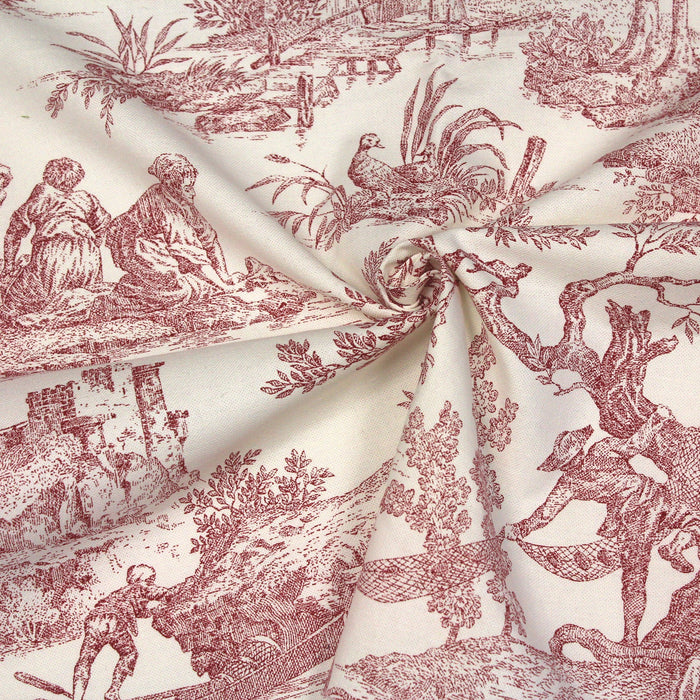 Tissu de coton demi-natté toile de Jouy traditionnelle, grande largeur 280cm, fond écru & motif rouge - Scène de pêche