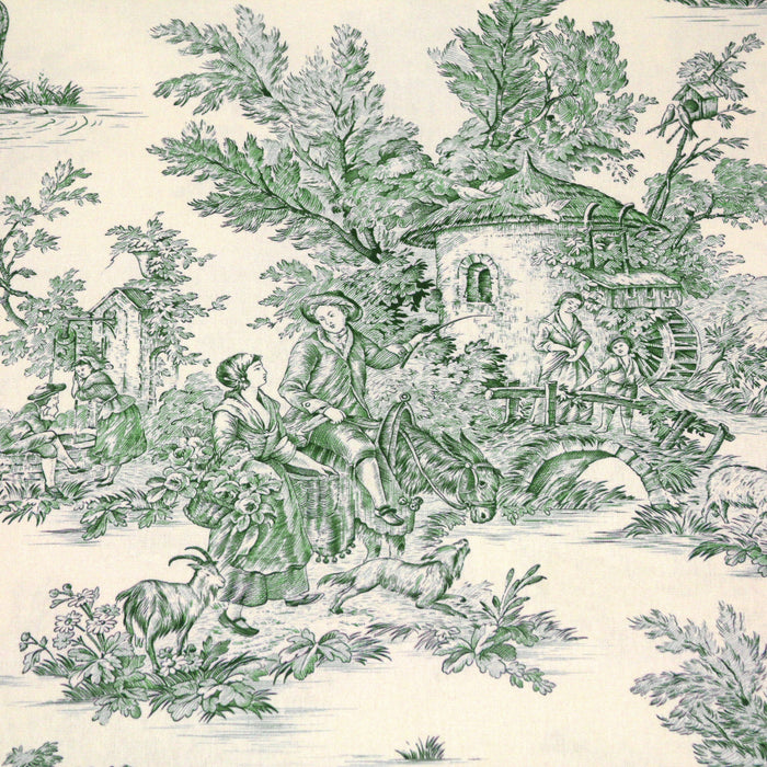 Tissu de coton demi-natté toile de Jouy traditionnelle, grande largeur 280cm, fond écru & motif vert - Oeko-Tex - tissuspapi