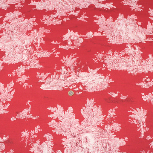 Tissu de coton demi-natté toile de Jouy traditionnelle, grande largeur 280cm, fond rouge & motif rouge - Oeko-Tex - tissuspapi