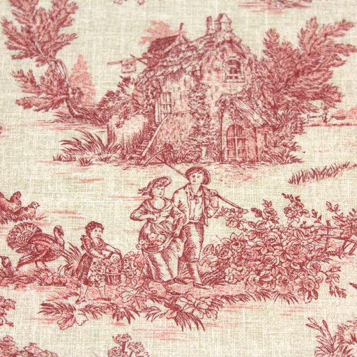Tissu de coton toile de Jouy traditionnelle, fond lin naturel & motifs rouges - Oeko-Tex - tissuspapi
