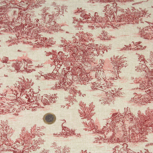 Tissu de coton toile de Jouy traditionnelle, fond lin naturel & motifs rouges - Oeko-Tex