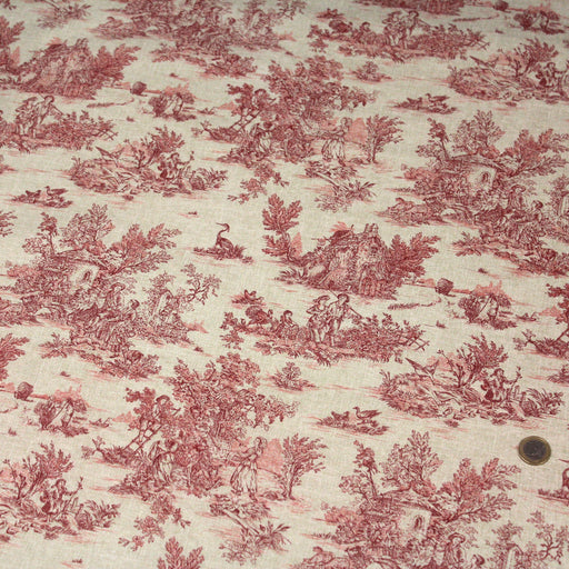 Tissu de coton toile de Jouy traditionnelle, fond lin naturel & motifs rouges - Oeko-Tex