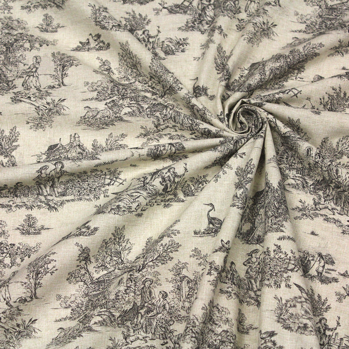 Tissu de coton toile de Jouy traditionnelle, fond lin naturel & motifs noirs - Oeko-Tex