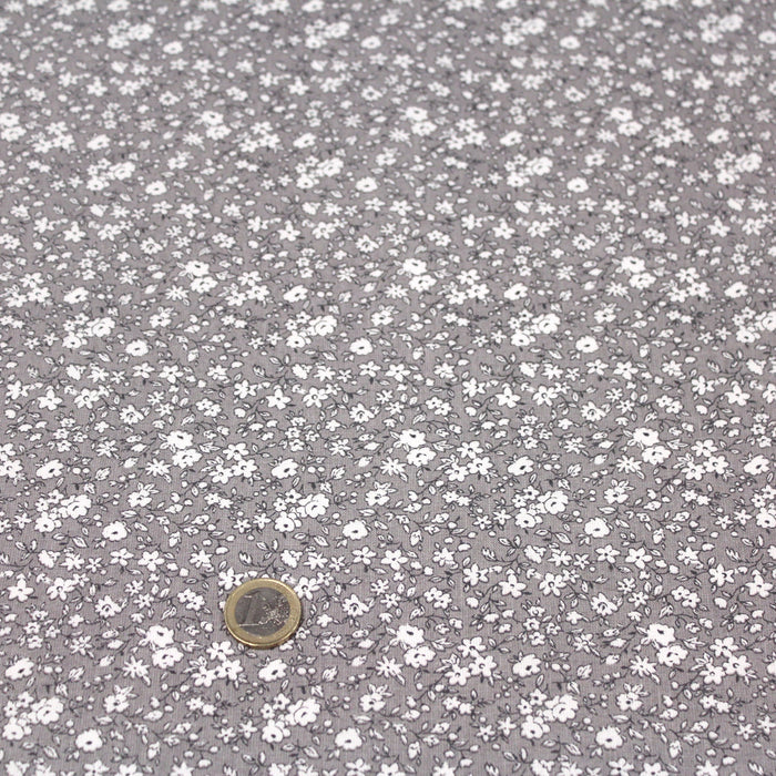 Tissu de coton VICTOIRE aux fleurs blanches, fond gris - Oeko-Tex