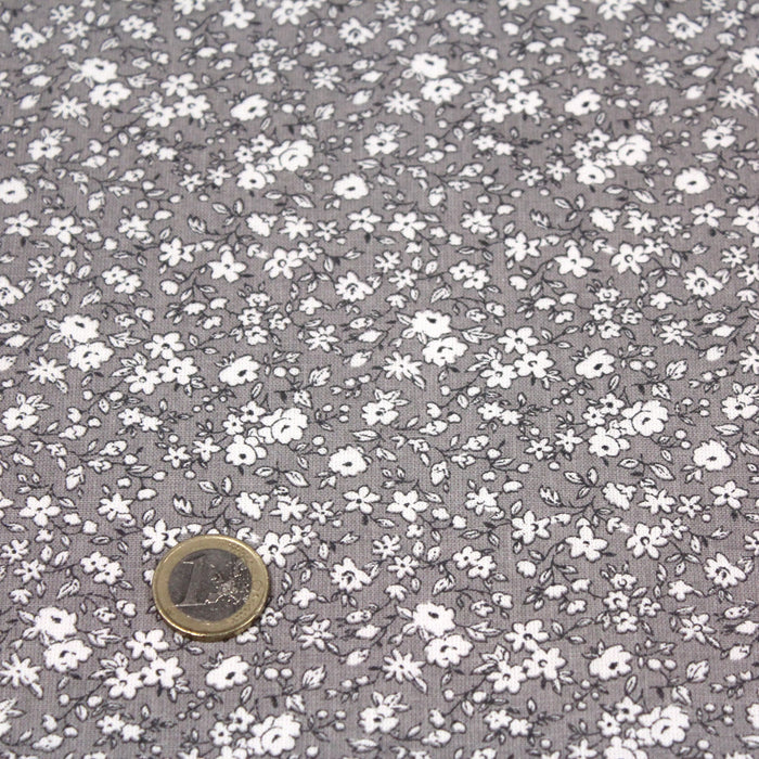 Tissu de coton VICTOIRE aux fleurs blanches, fond gris - Oeko-Tex