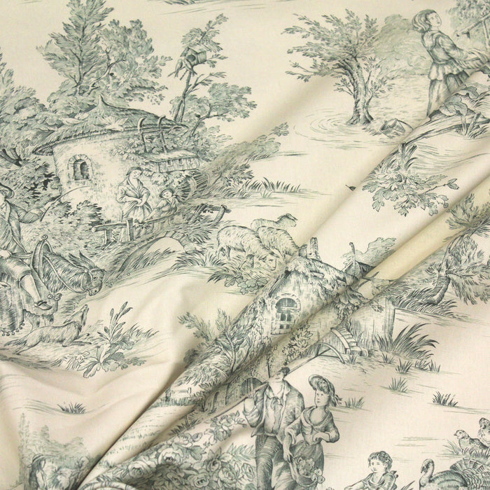 Tissu de coton demi-natté toile de Jouy traditionnelle, grande largeur 280cm, fond écru & motif vert - Oeko-Tex