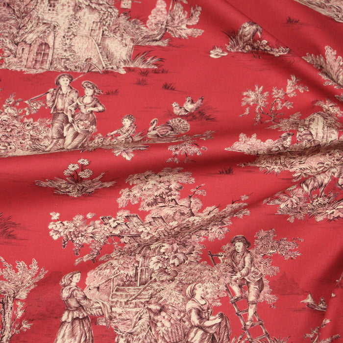 Tissu de coton demi-natté toile de Jouy traditionnelle, grande largeur 280cm, fond rouge & motif marron et blanc - Oeko-Tex