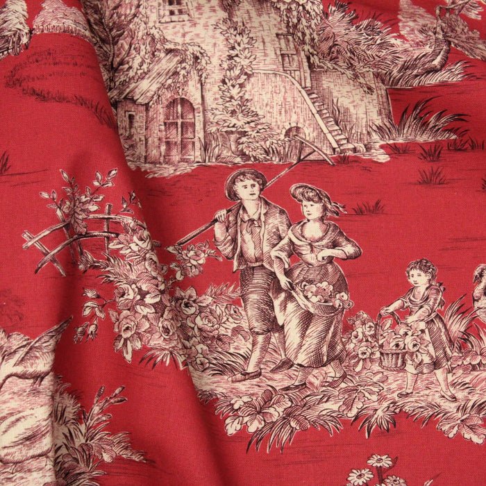 Tissu de coton demi-natté toile de Jouy traditionnelle, grande largeur 280cm, fond rouge & motif marron et blanc - Oeko-Tex
