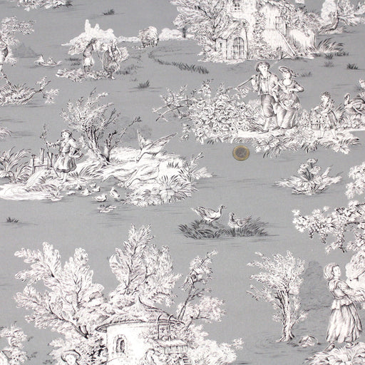 Tissu de coton demi-natté toile de Jouy traditionnelle, grande largeur 280cm, fond gris & motif noir et blanc - Oeko-Tex - tissuspapi